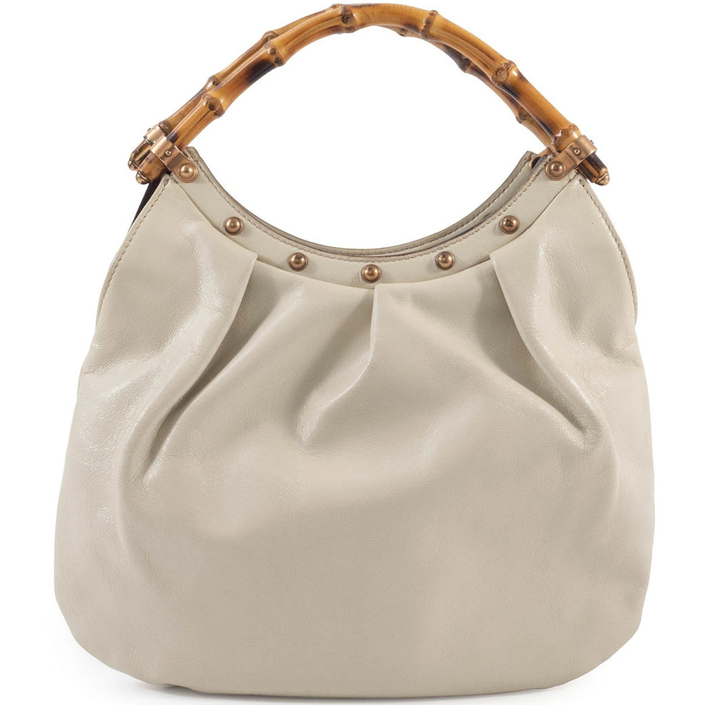 Gucci Bamboo Handbag Leather White Studded Semi Shoulder Bag